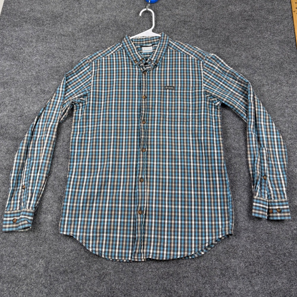 Columbia Mens Plaid Long Sleeve Button Down Shirt Blue Grey White Size M